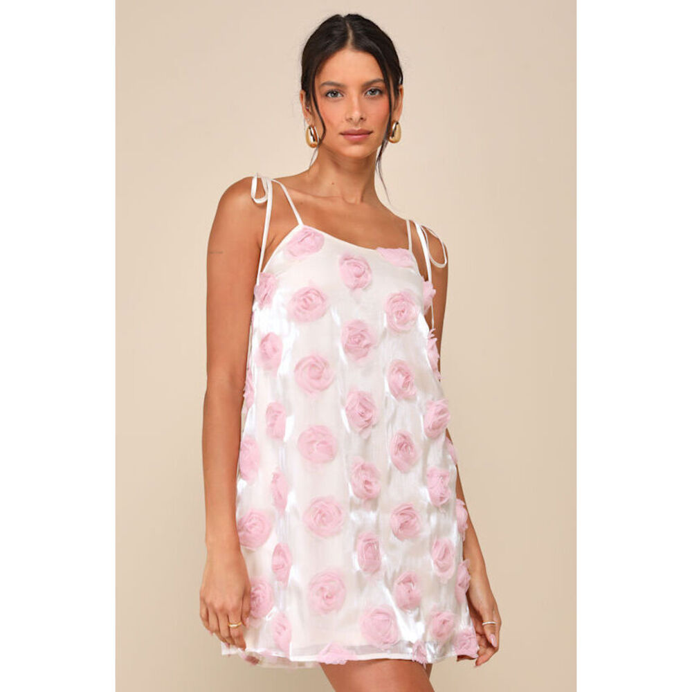 Lulus Luminous Glow Shiny Ivory Rosette Tie-strap Mini Dress White - Size L